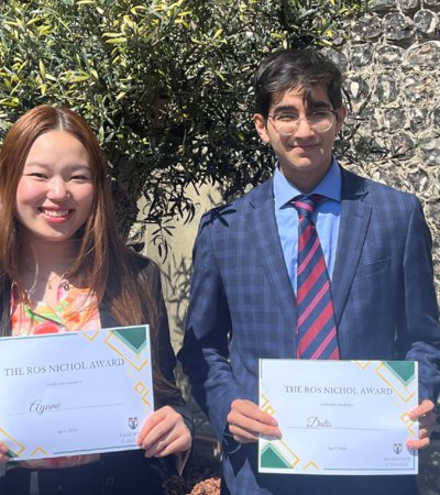 Winners of the Ros Nichol award in the Quad with their certificates