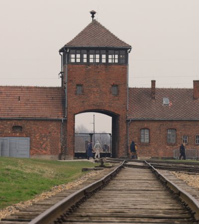 View down the railway at Auschwitz Concentration Camp on a school trip