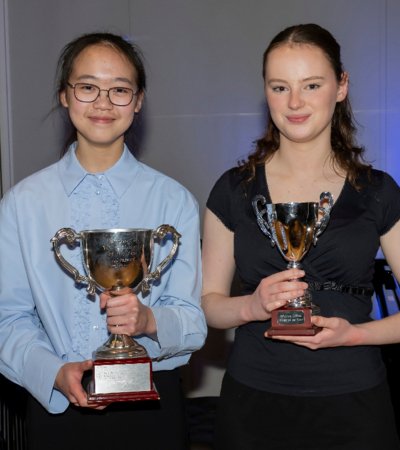 Winners of the Young Musician of the Year Finals with their winning trophies in the Sarah Abraham Recital Hall