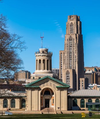 Carnegie Mellon buildings and Cathedral of Learning in the sunshine