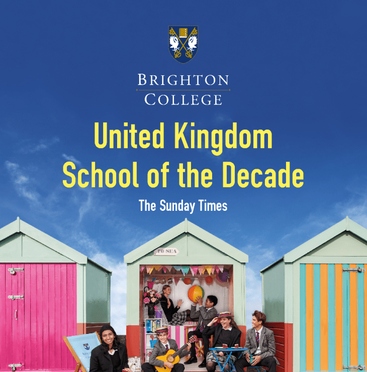  Poster of Sunday Times School of the Decade with pupils sitting on the beach in a beachhut 