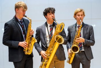  Saxophonists playing together in a concert in the Sarah Abraham Recital Hall 