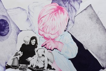  Coloured sketch of a child pointing at an old photograph of themselves with their family 