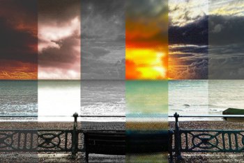  Photography piece with different strips of photo showing different weather in the sky on Brighton beach 