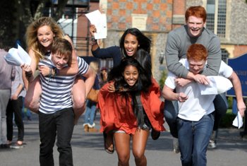  Pupils giving each other piggy-backs and running through the Quad on Results Day 