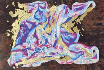  Art coursework piece of a pink, blue and purple marble effect with aspects of gold foil 