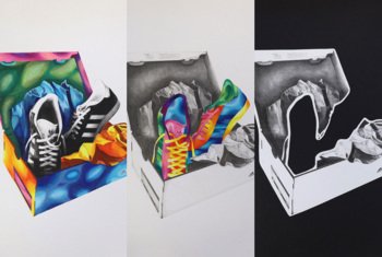  An artwork of three images of shoes in a shoebox using different black and white and colour combinations 