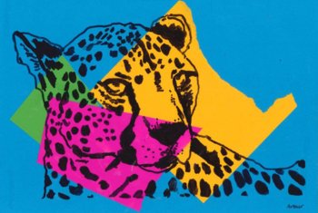  Artwork of a black leopard printed onto a multicoloured background 