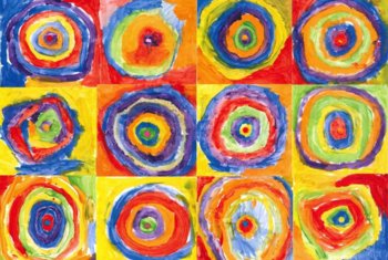  Art display of different pieces of artwork depicting a variety of different coloured layers of circles 