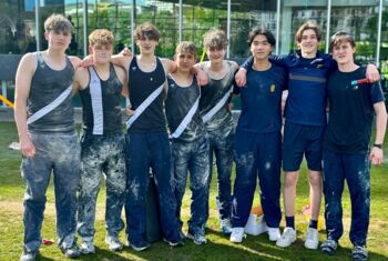  Pupils in their house vests and covered in flour at the end of the OddBalls event on the Home Ground 