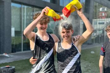  Boarders pouring flour over each other as a celebration at the end of the OddBalls event 