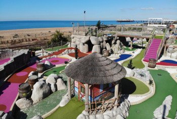  Jungle Rumble mini golf course on Brighton seafront with the sea and pier in the background 