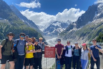  L6th pupils enjoying the view of the mountains on a Geography trip to Chamonix 