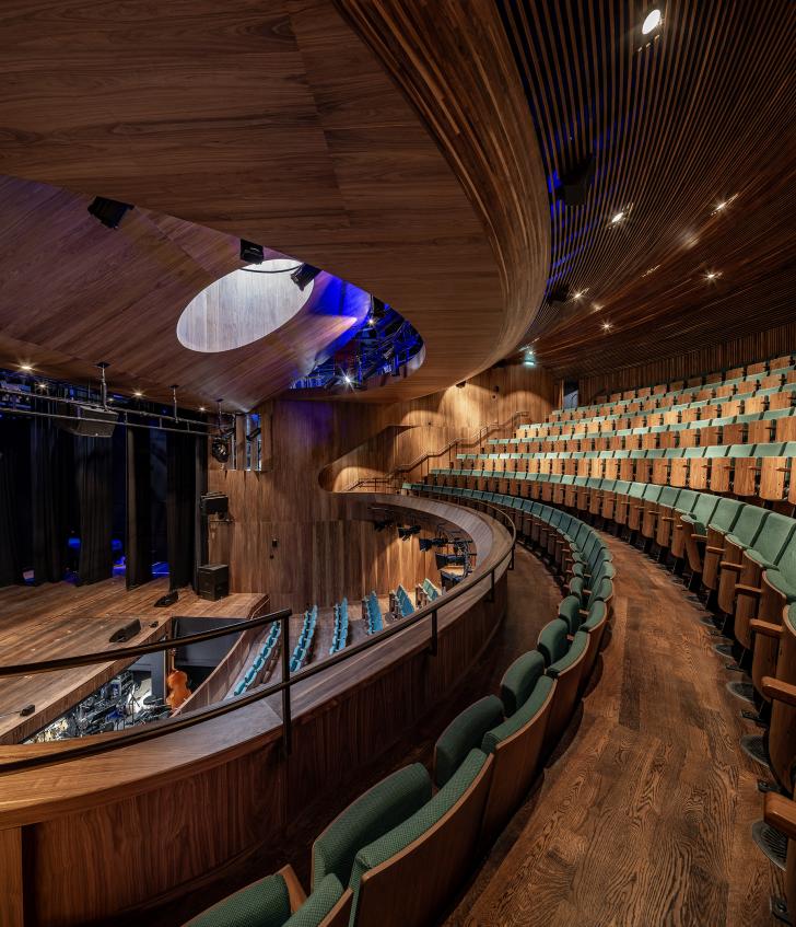  View of the stage from the auditorium seats in the Richard Cairns Theatre 