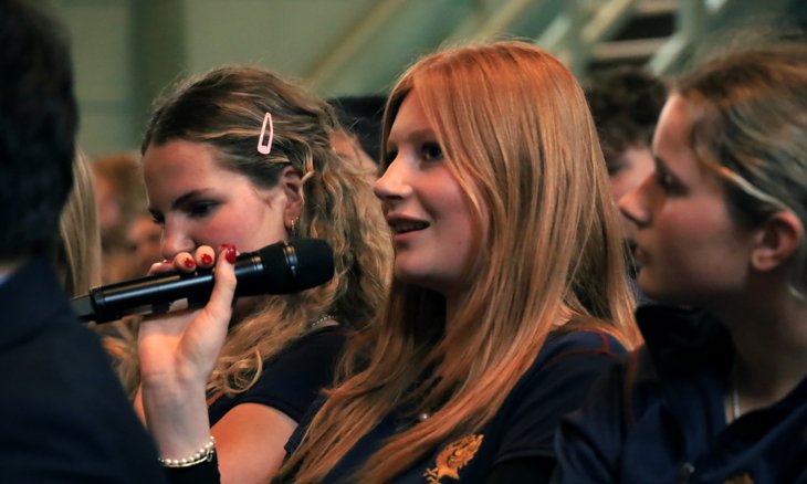  Pupils asking questions during the hustings held at Brighton College 