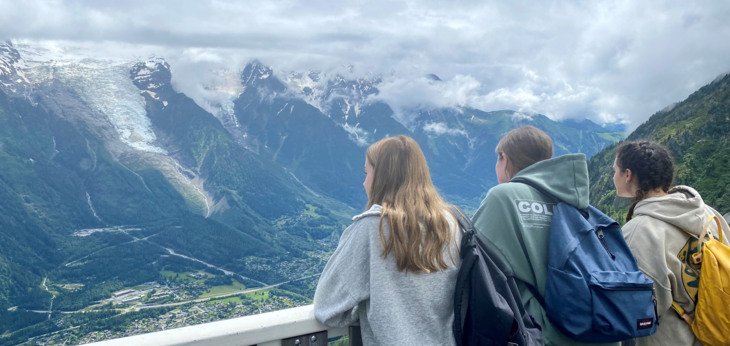  Pupils Mer de Glace in Chamonix enjoying the views from the top on a Geography Trip to Chamonix 