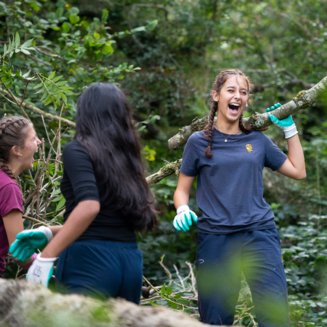 Pupil in the woods cutting, clearing and carrying branches in gloves on Make A Difference Day