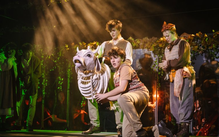  Pupils dressed as fairy-tale characters on stage in Into the Woods 