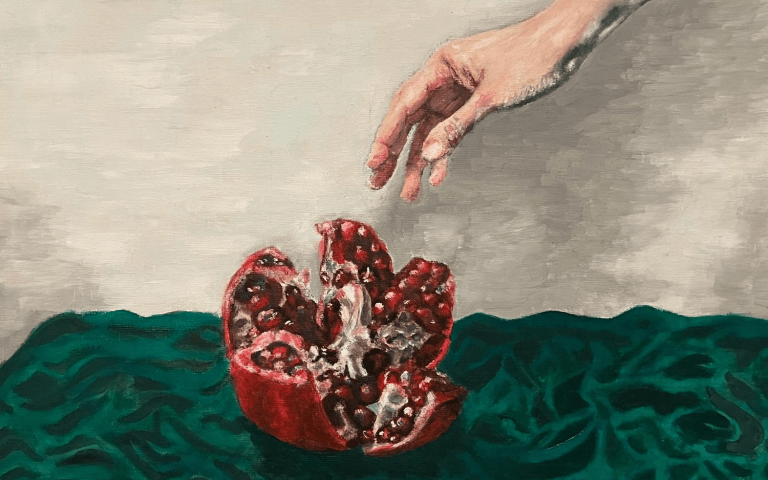  Betsey's painting of a hand reaching for pomegranate entered into the Leonardo Competition 