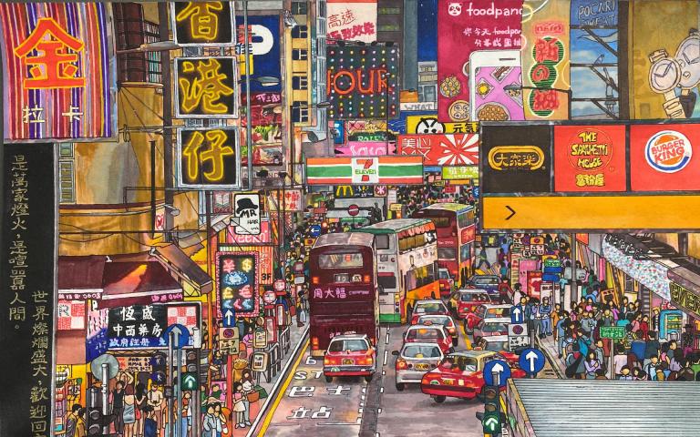  Kelly's artwork depicting a busy street in Hong Kong entered into the Leonardo competition 