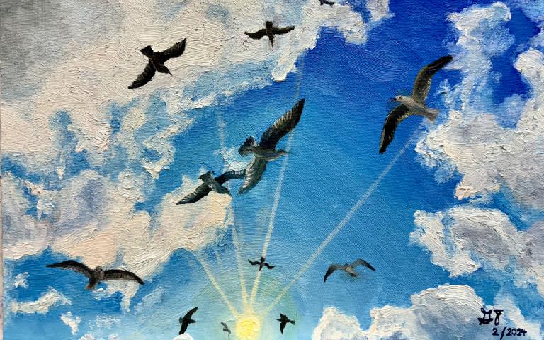  Georgina's painting depicting a sky full of birds amongst the clouds as a Leonardo Entry 