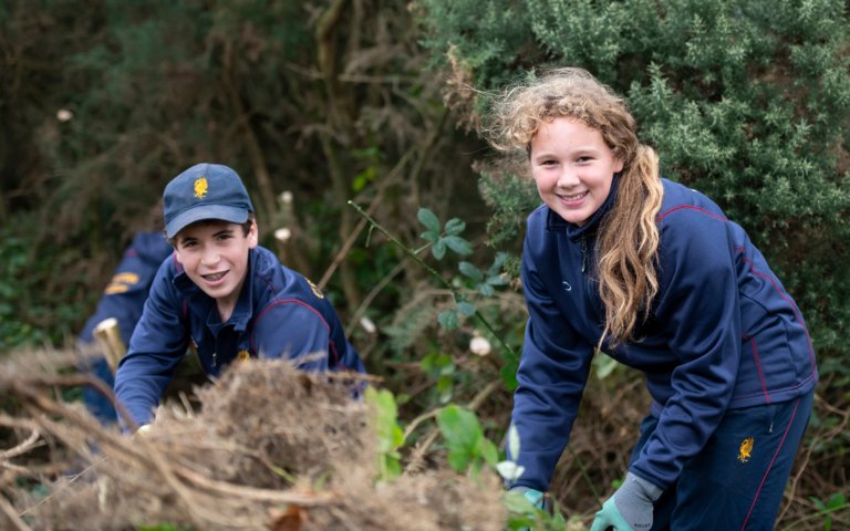  Pupils in the woods clearing branches and foliage as part of Make A Difference Day 