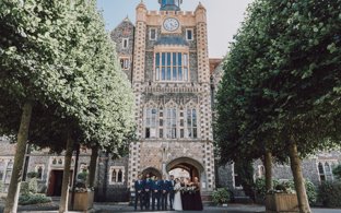 Wedding party in the sunny Quad after the ceremony