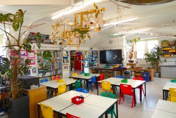 Chairs and tables set up in the Art Studio in the Prep School