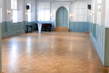 Prep School Hall with the lectern and piano set up