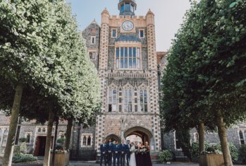 Wedding party in the sunny Quad after the ceremony