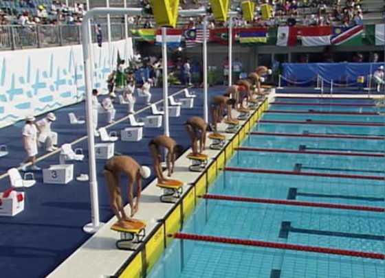  Janko Gojkovic on the starting blocks competing in the 1992 Olympics for Bosnia and Herzegovina in Swimming 