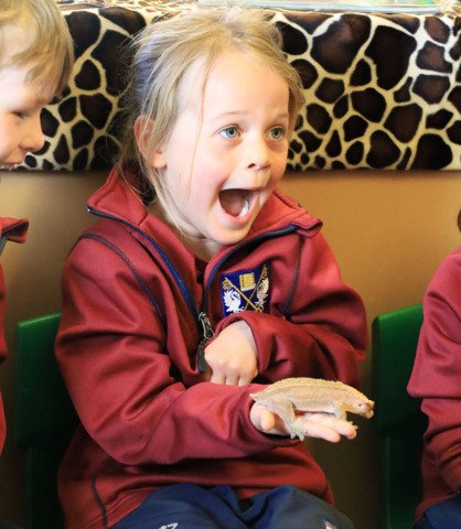  Pre-Prep pupil at Reptylers excitedly holding a Bearded Dragon 