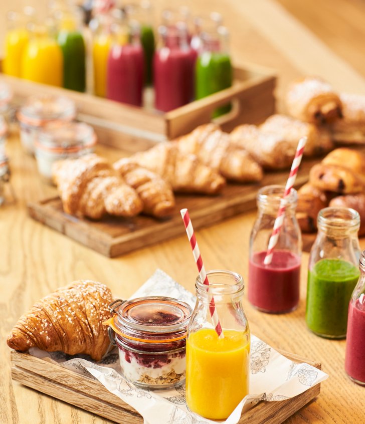  A selection of pastries, smoothies and granola set up for breakfast in the Dining Room 