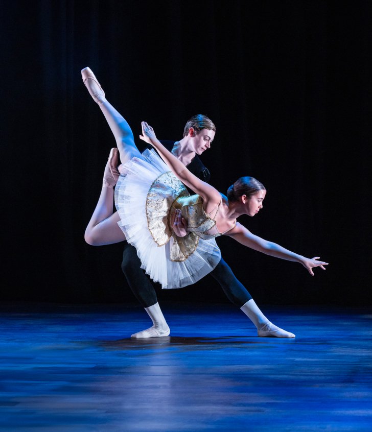  Dancer lifting other dancer in their ballet duet performance on stage 