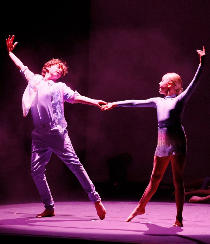  Dance pupils holding hands during their duet performance together on stage in the Dance Show 