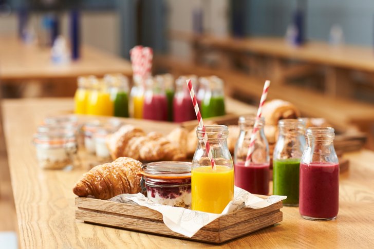  A selection of pastries, smoothies and granola set up for breakfast in the Dining Room 